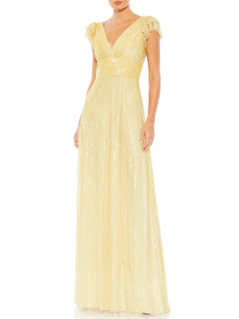 NWT Mac Duggal Fully Embellished Flutter Cap Sleeve A Line Gown in Buttercream